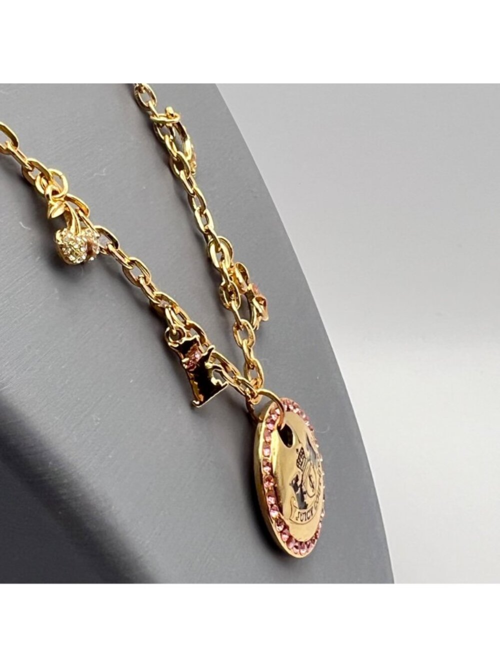 Juicy Couture Charm Necklace Gold-Tone Pink Rhinestone Scottie Cherry Bow Crown - Picture 9 of 10